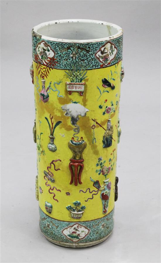 A Chinese yellow cylindrical stick stand, second half 19th century, 62cm,